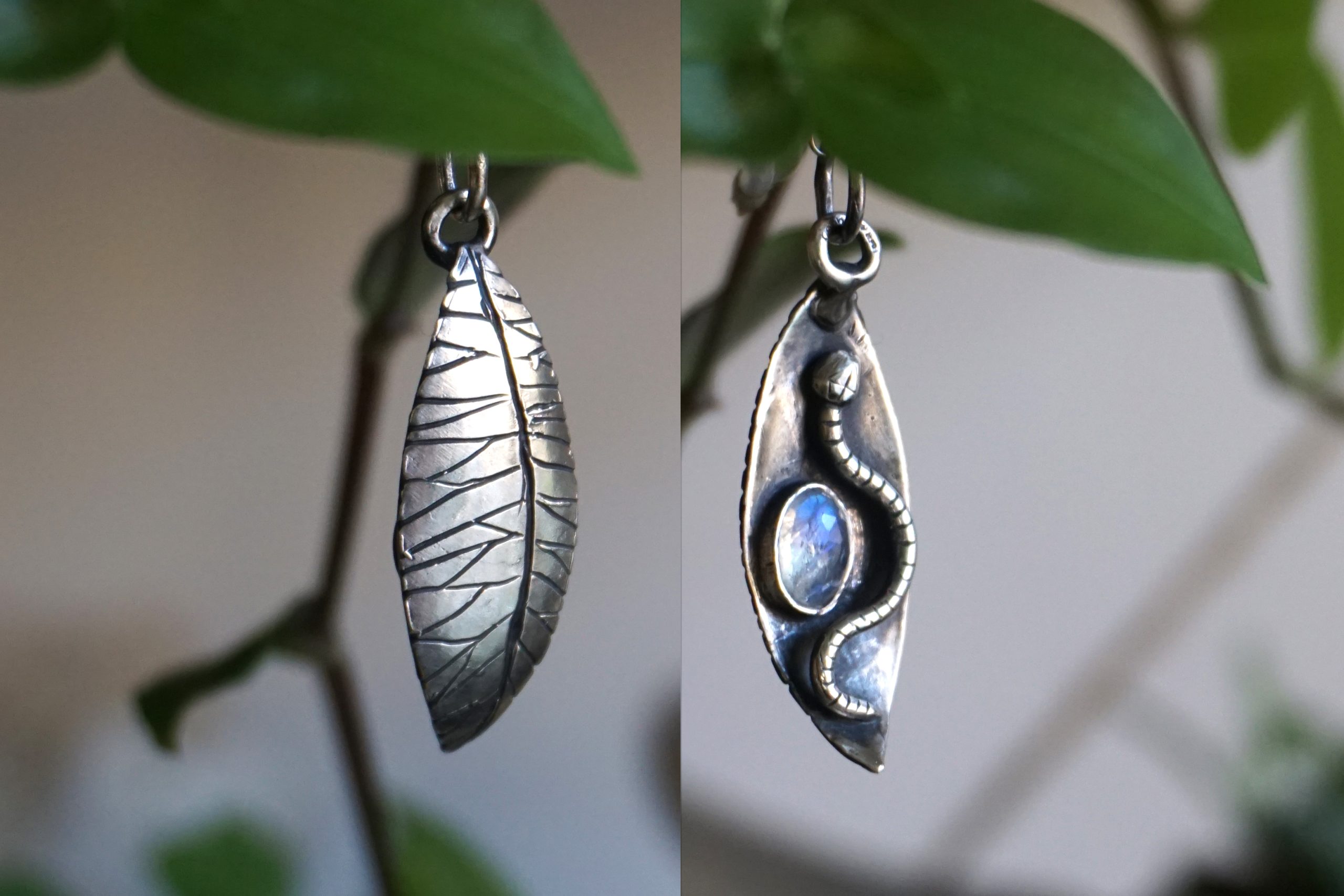 Leaf, snake, white labradorite - pendant (one of a kind)