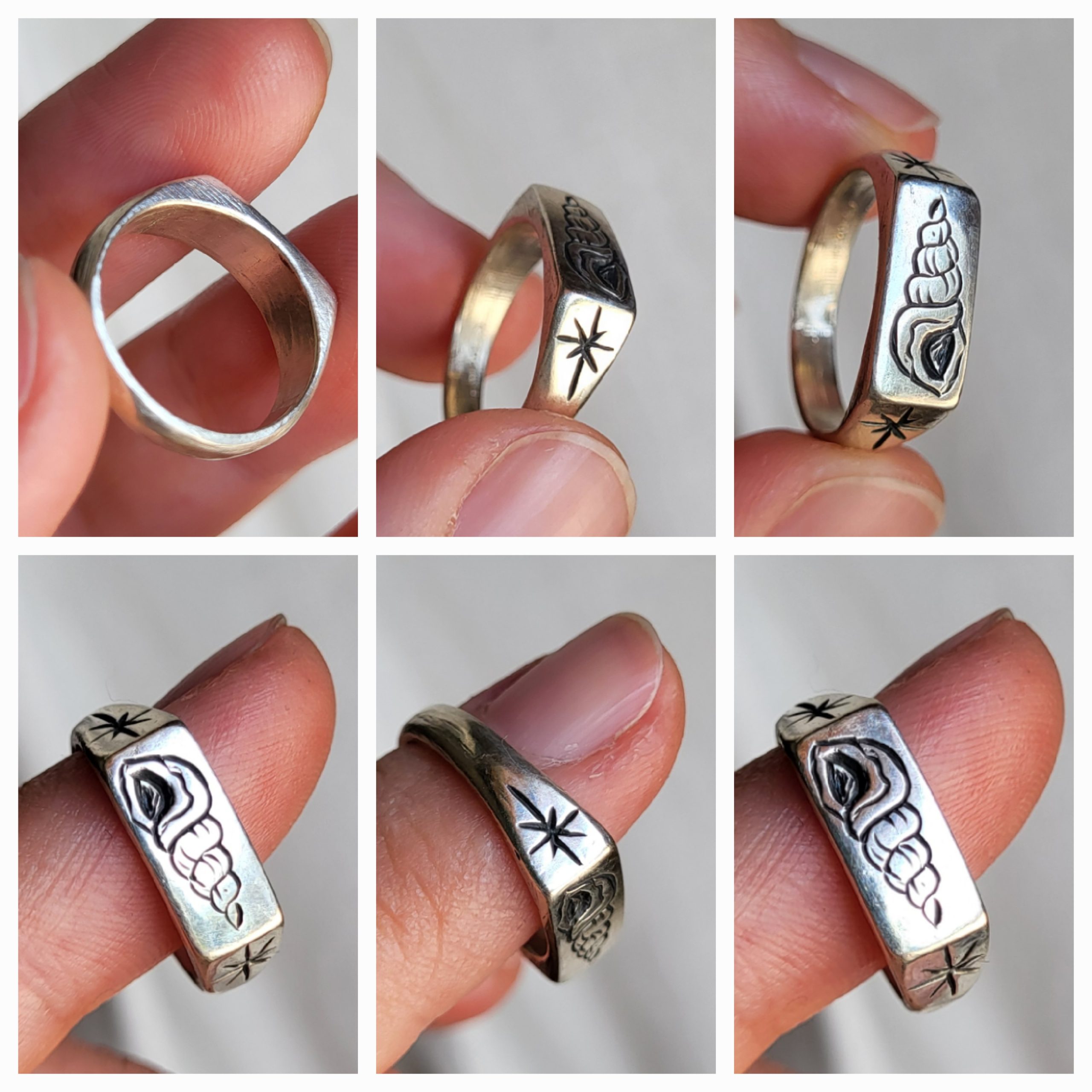 (Taglia 10.5) anello sigillo con incise conchiglia e stelle (pezzo unico) - immagine 2
